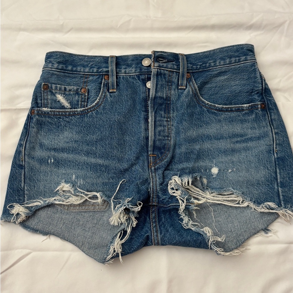 Levi’s Medium Indigo 501 Original Ripped Denim Shorts